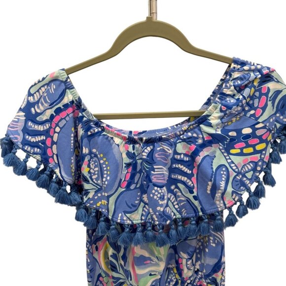 Lilly Pulitzer Blue Tropical Print Pom-Pom Off-Shoulder Romper XXS - Picture 4 of 7